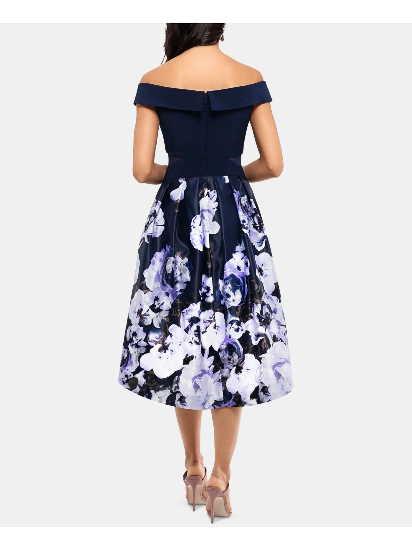 XSCAPE Womens Navy Floral Sleeveless Off Shoulder Midi Formal Fit + Flare Dress Petites 14P