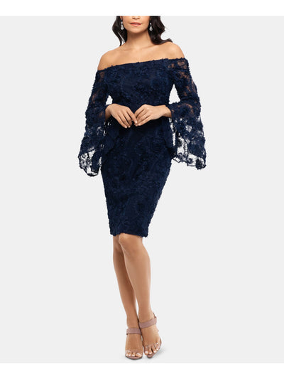XSCAPE Womens Navy Lace Long Sleeve Off Shoulder Above The Knee Wear To Work Body Con Dress 2