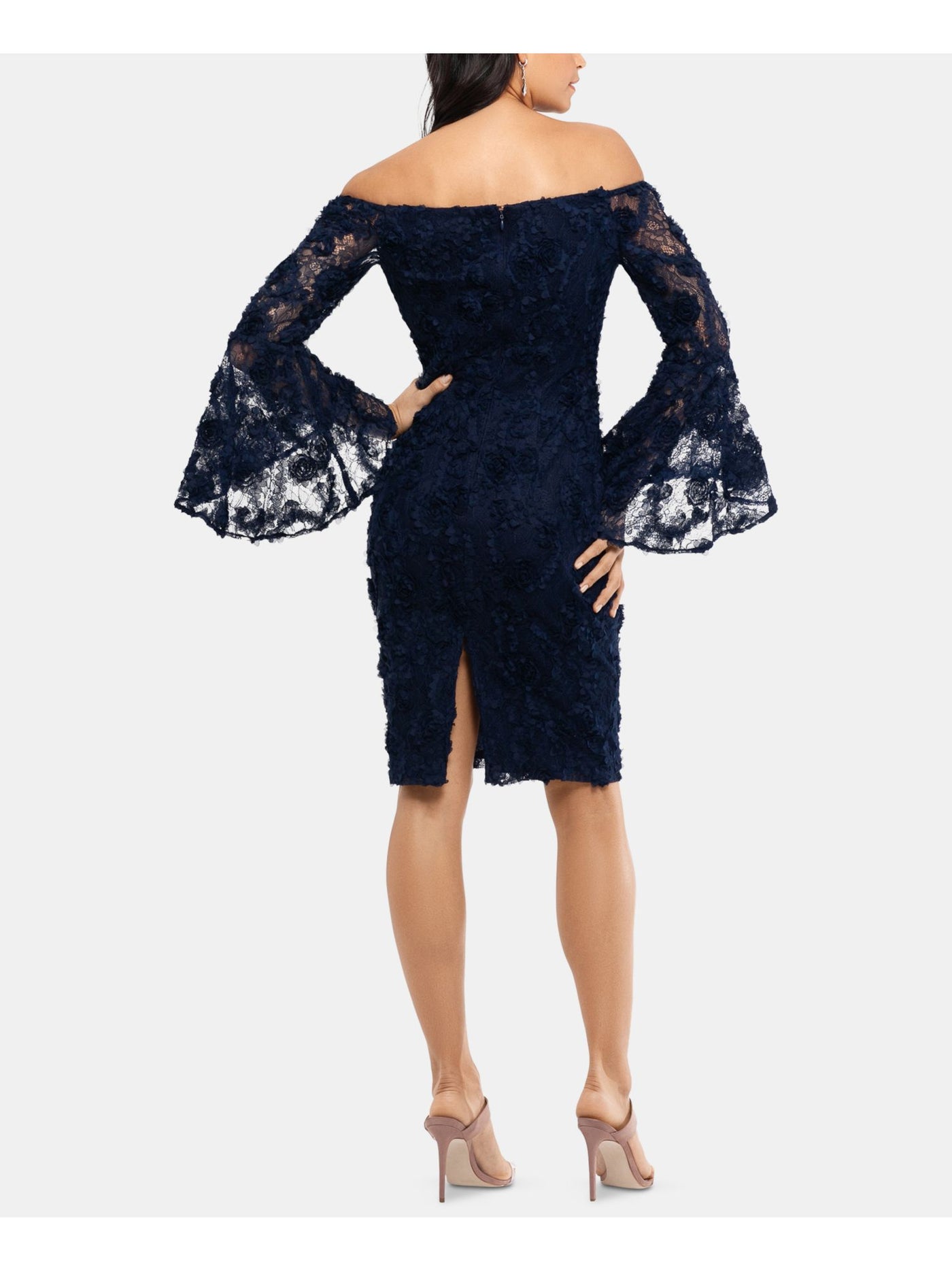 XSCAPE Womens Navy Lace Long Sleeve Off Shoulder Above The Knee Wear To Work Body Con Dress 2