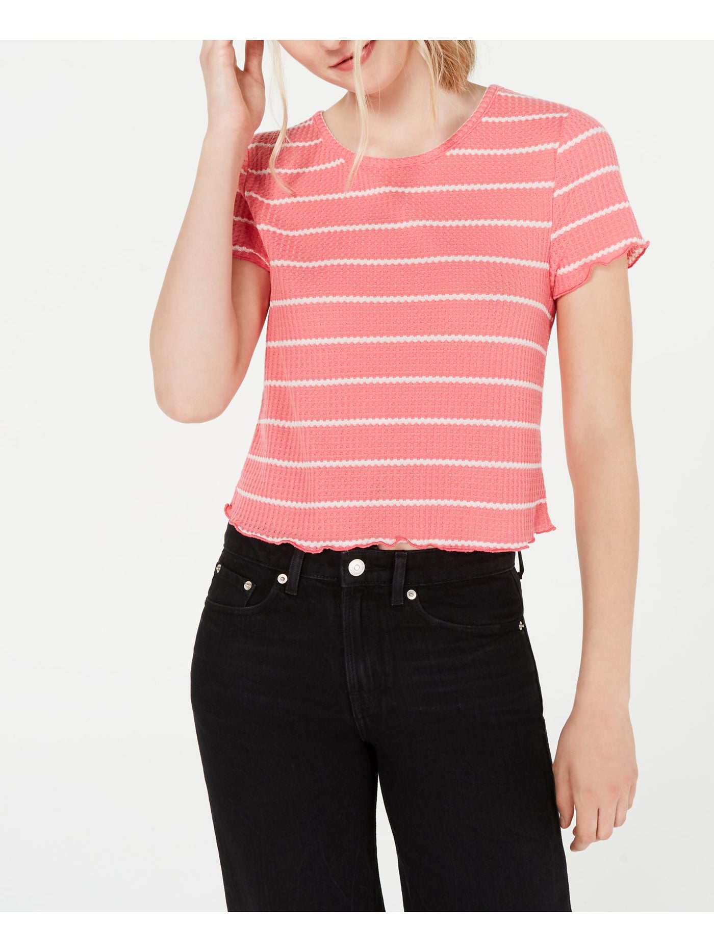 SELF E Womens Pink Scalloped Striped Short Sleeve Jewel Neck T-Shirt M