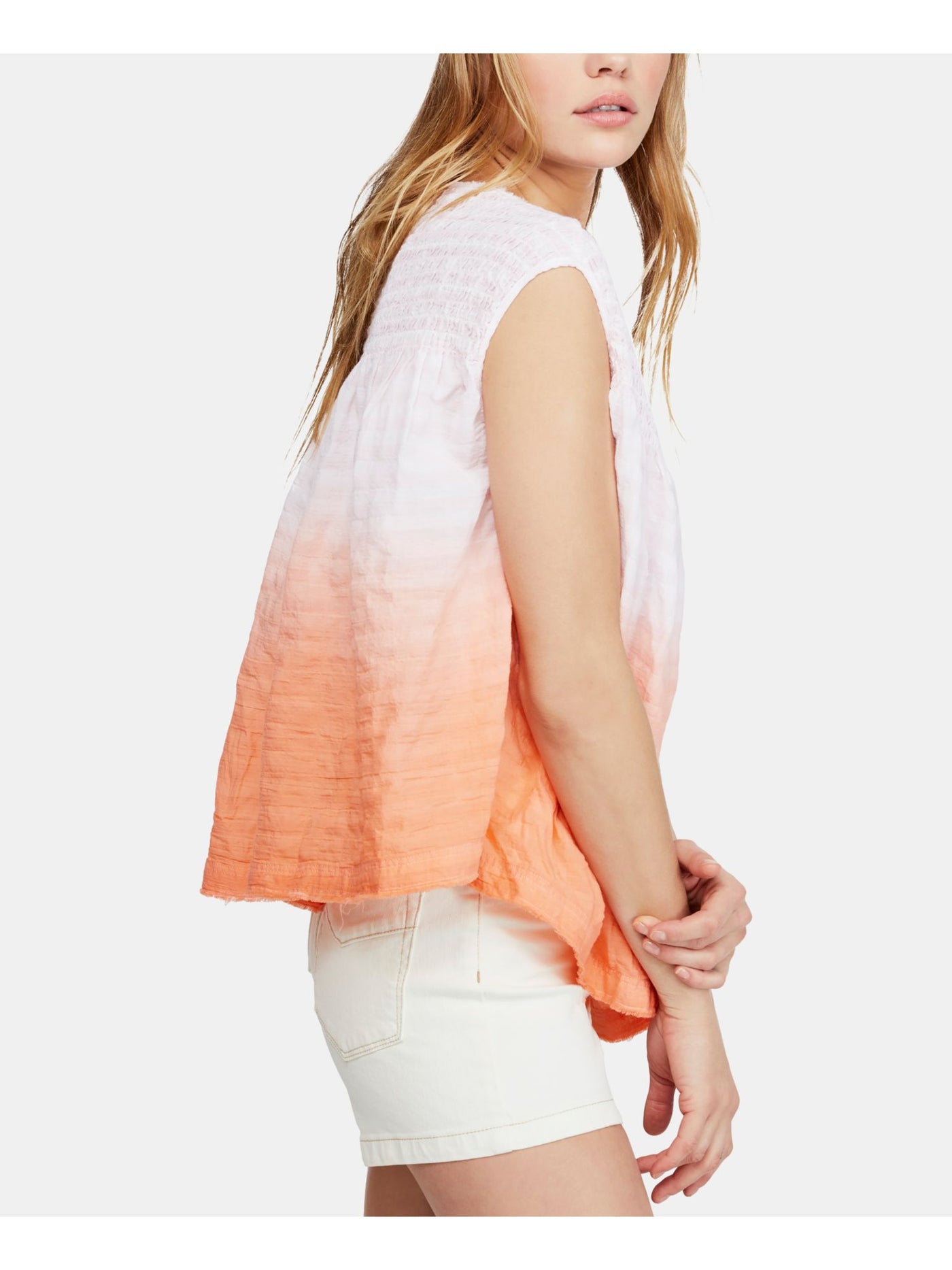 FREE PEOPLE Womens Coral Ruffled Ombre Sleeveless Henley Peasant Top S