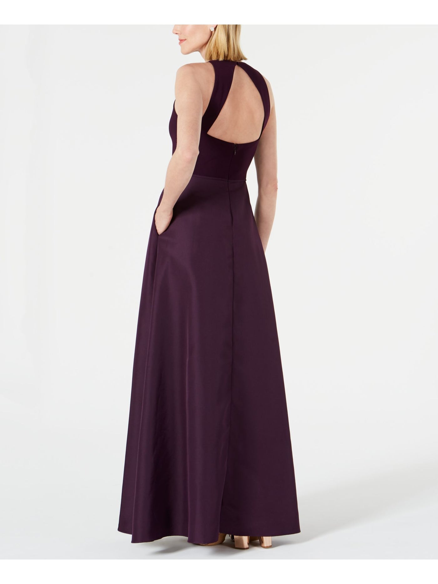 ADRIANNA PAPELL Womens Purple Sleeveless Jewel Neck Full-Length Evening Fit + Flare Dress 2