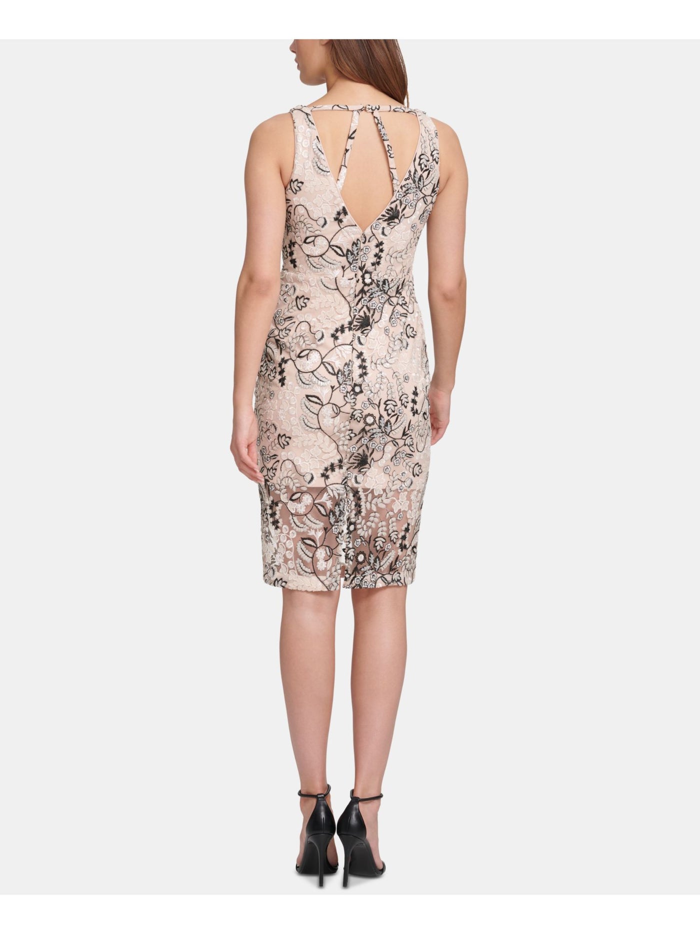 MARCIANO Womens Beige Sequined Printed Sleeveless V Neck Knee Length Cocktail Sheath Dress 12