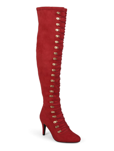JOURNEE COLLECTION Womens Red Cushioned Stretch Lace Wide Calf Trill Round Toe Stiletto Zip-Up Boots Shoes 8