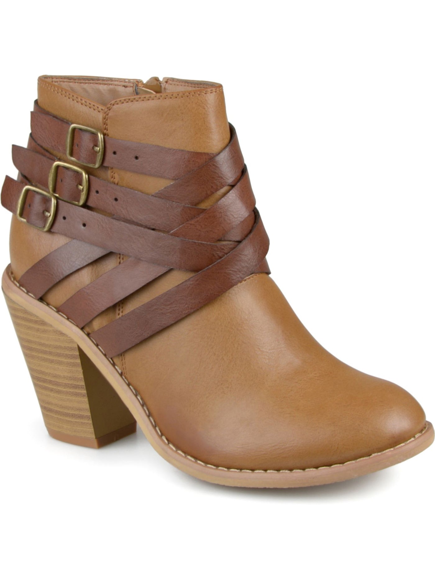 JOURNEE COLLECTION Womens Tan Beige Padded Buckle Accent Strap Stacked Heel Zip-Up Booties 8 W