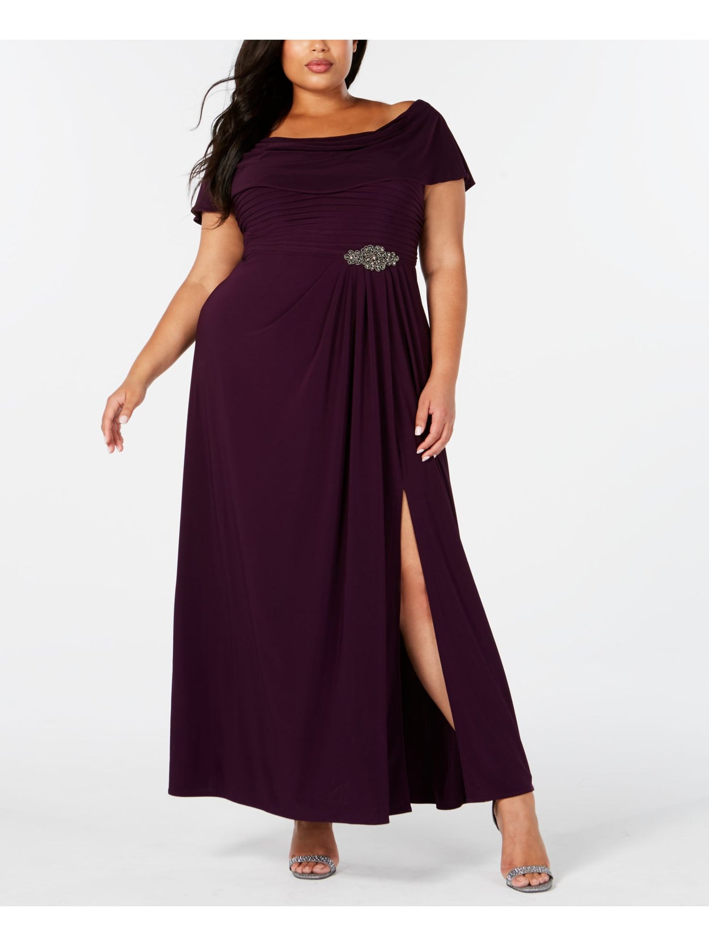 ALEX EVENINGS Womens Purple Embellished Pleated Gown Short Sleeve Cowl Neck Maxi Formal Shift Dress Plus 18W