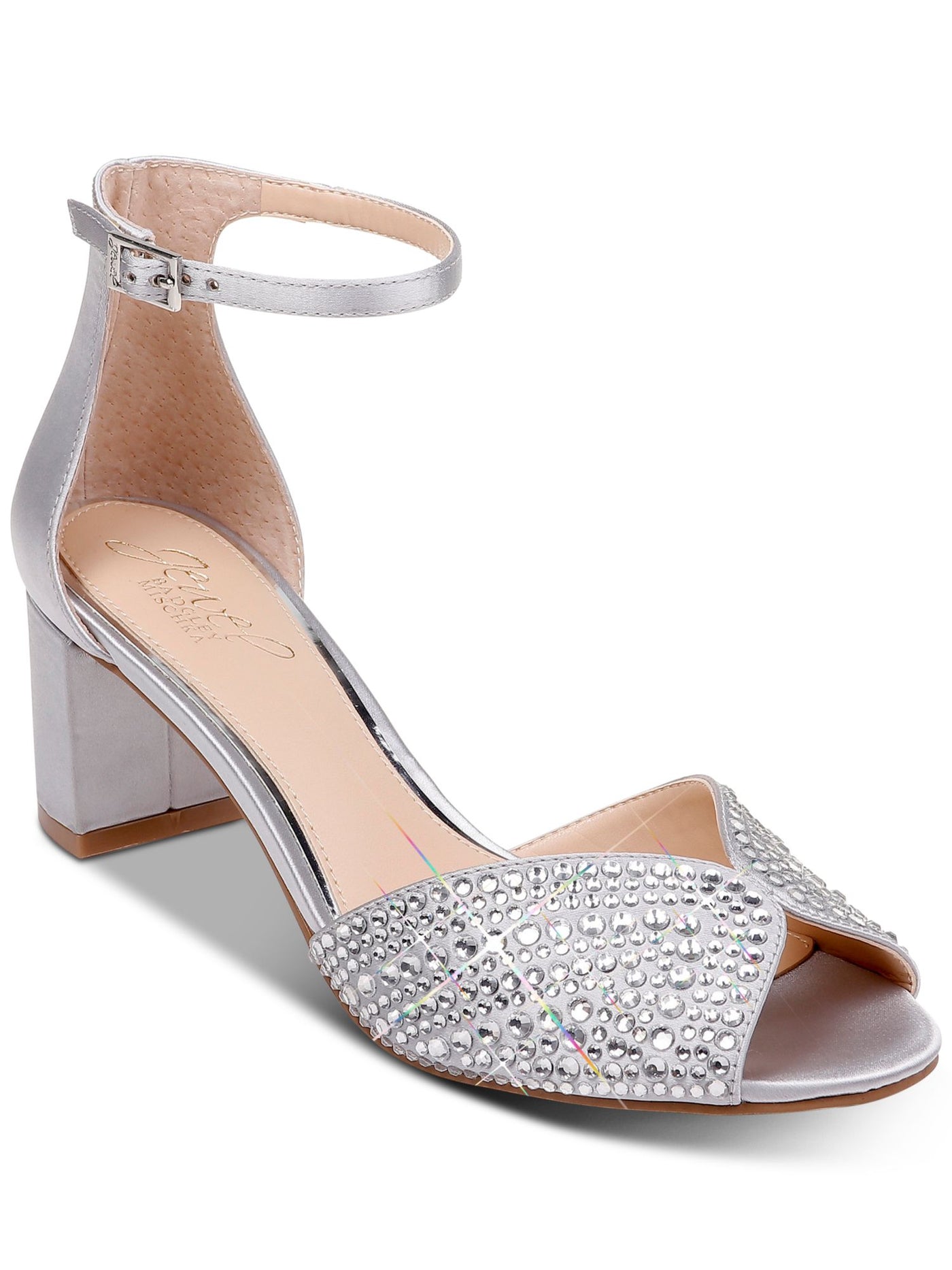 BADGLEY MISCHKA Womens Silver Rhinestone Ankle Strap Sycamore Round Toe Block Heel Buckle Dress Sandals Shoes 6 M