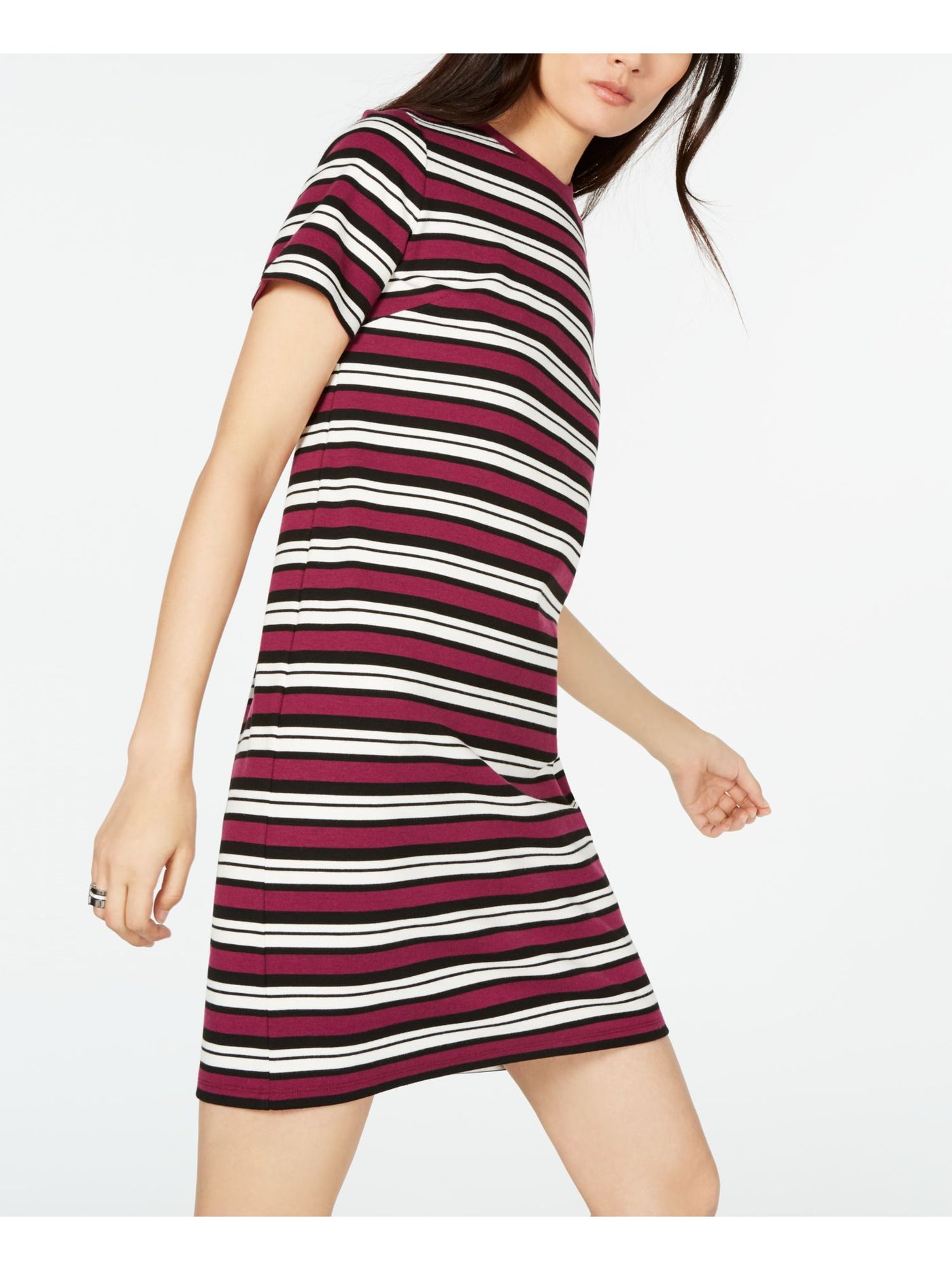 MICHAEL KORS Womens Burgundy Striped Short Sleeve Crew Neck Above The Knee Shift Dress 2XS