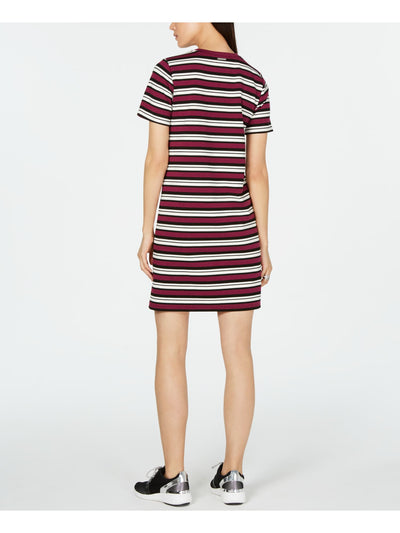 MICHAEL KORS Womens Burgundy Striped Short Sleeve Crew Neck Above The Knee Shift Dress 2XS