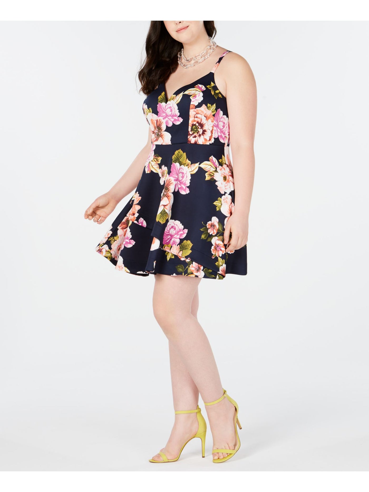 SPEECHLESS Womens Navy Floral Sleeveless V Neck Above The Knee Fit + Flare Dress 20
