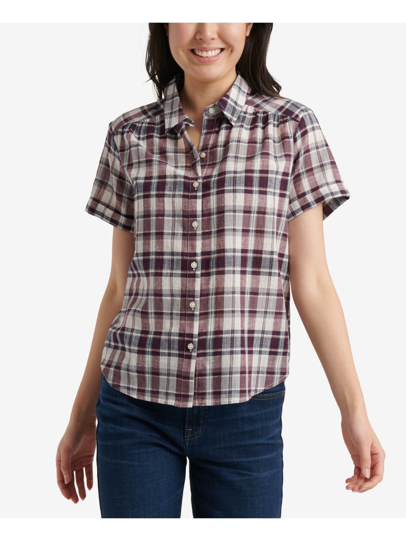 LUCKY BRAND Womens Purple Plaid Short Sleeve Collared Button Up Top S