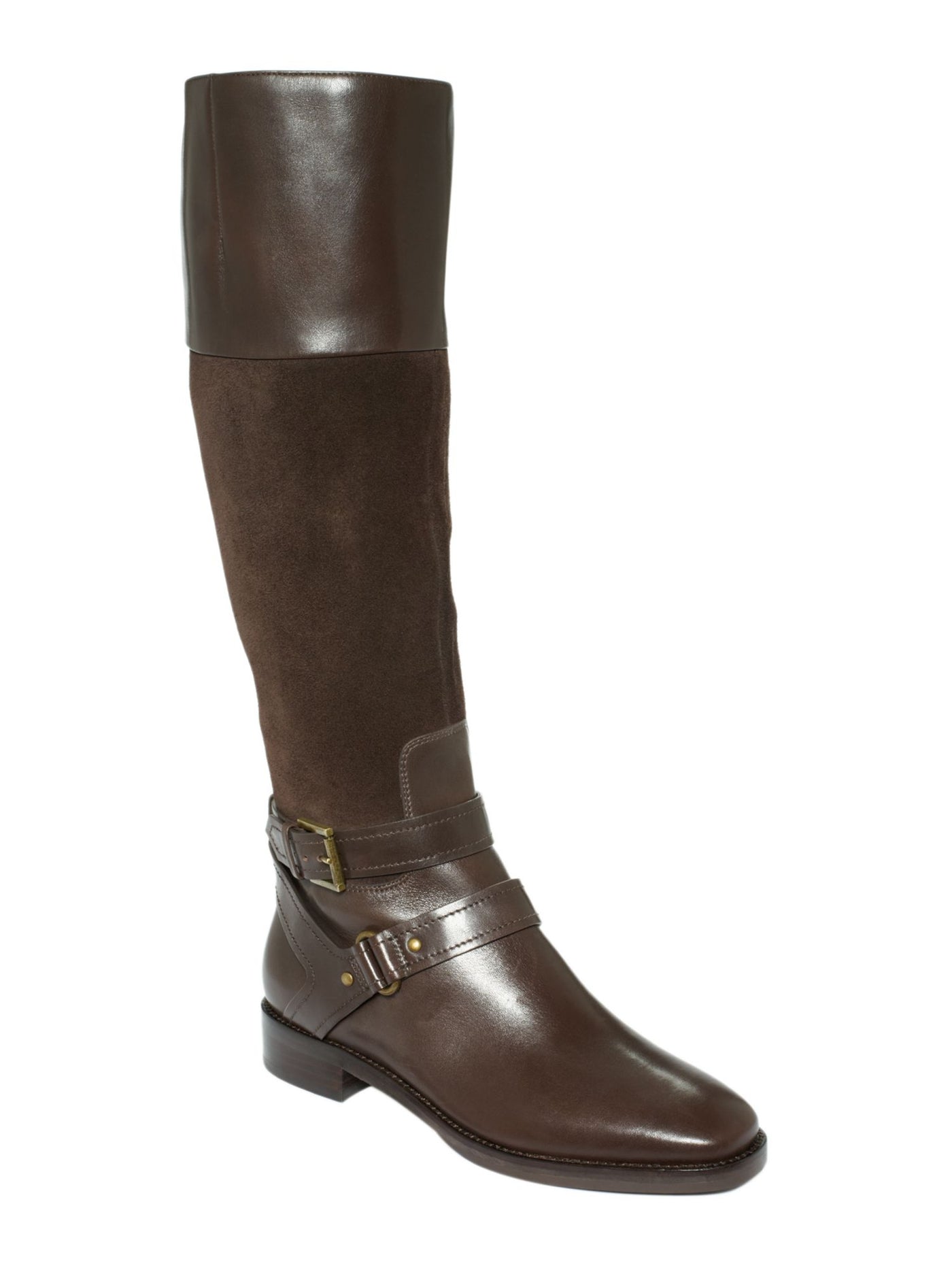 JOAN & DAVID Womens Brown Mixed Media Strapped Padded Zadarah Round Toe Block Heel Zip-Up Leather Riding Boot 5.5 M