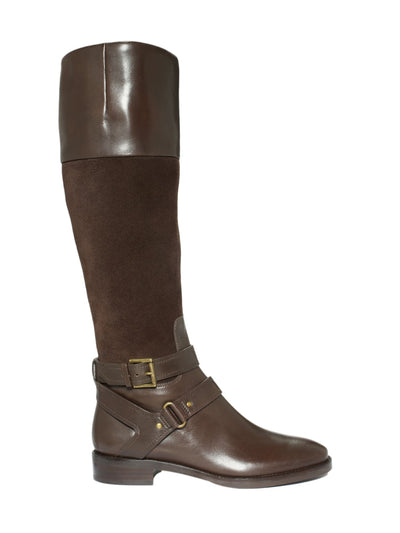 JOAN & DAVID Womens Brown Mixed Media Strapped Padded Zadarah Round Toe Block Heel Zip-Up Leather Riding Boot 5.5 M