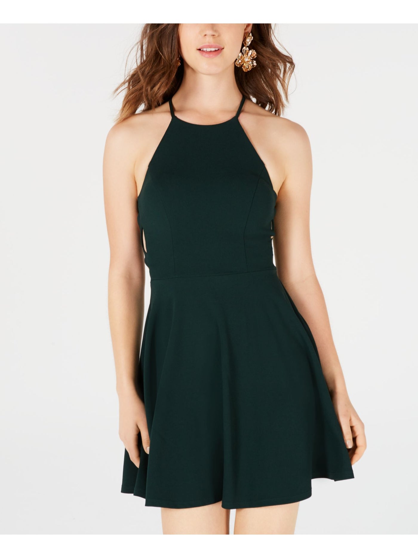 B DARLIN Womens Green Sleeveless Halter Mini Party Fit + Flare Dress 3\4