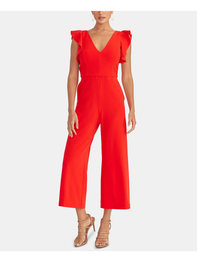 RACHEL RACHEL ROY Womens Red Ruffled V Neck Party Cropped Jumpsuit L