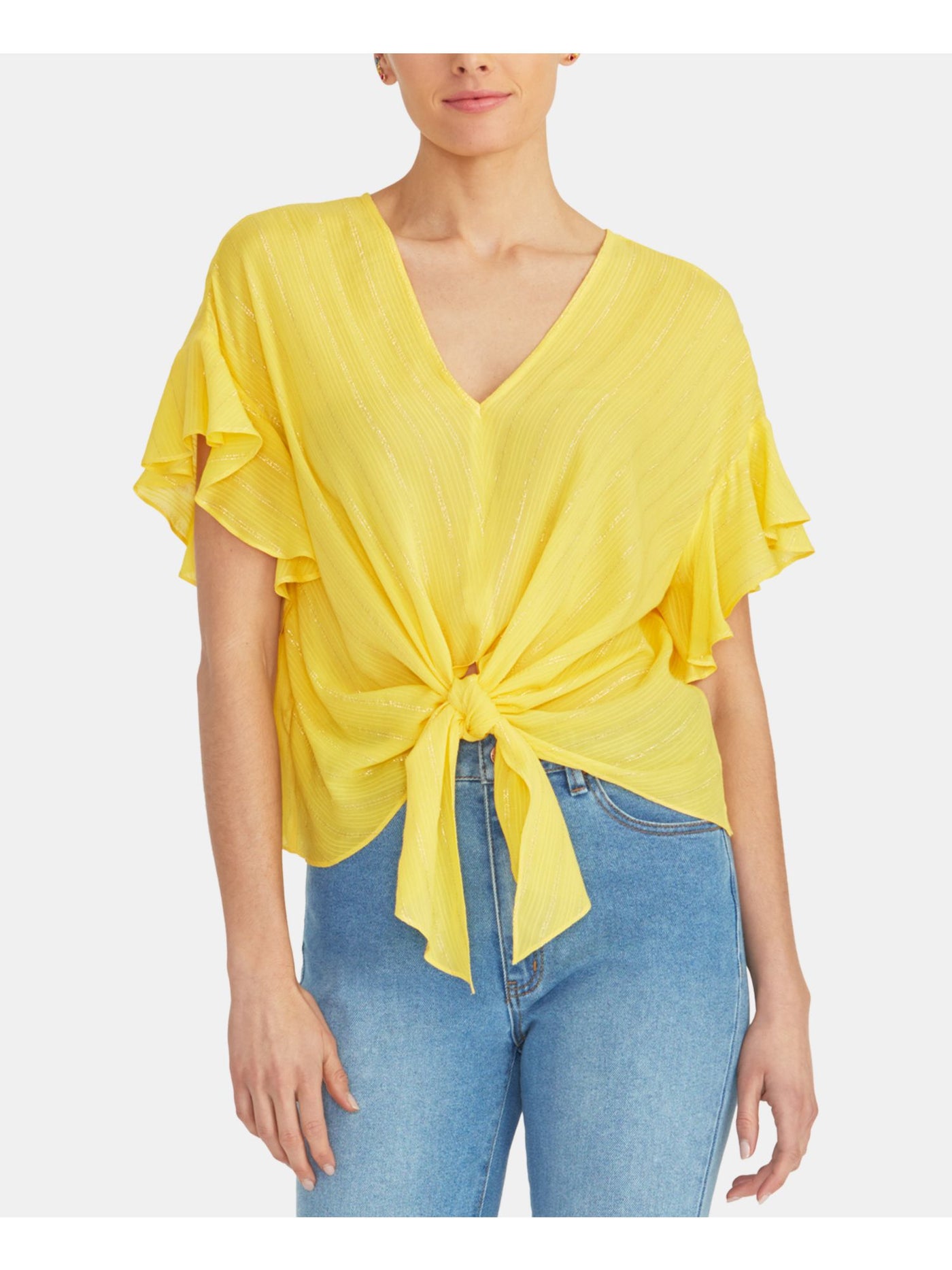 RACHEL ROY Womens Yellow Tie Front Short Sleeve V Neck Top S