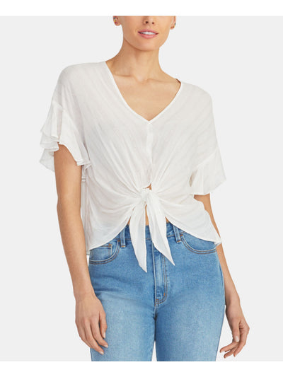 RACHEL ROY Womens White Tie Ruffled Short Sleeve V Neck Top S