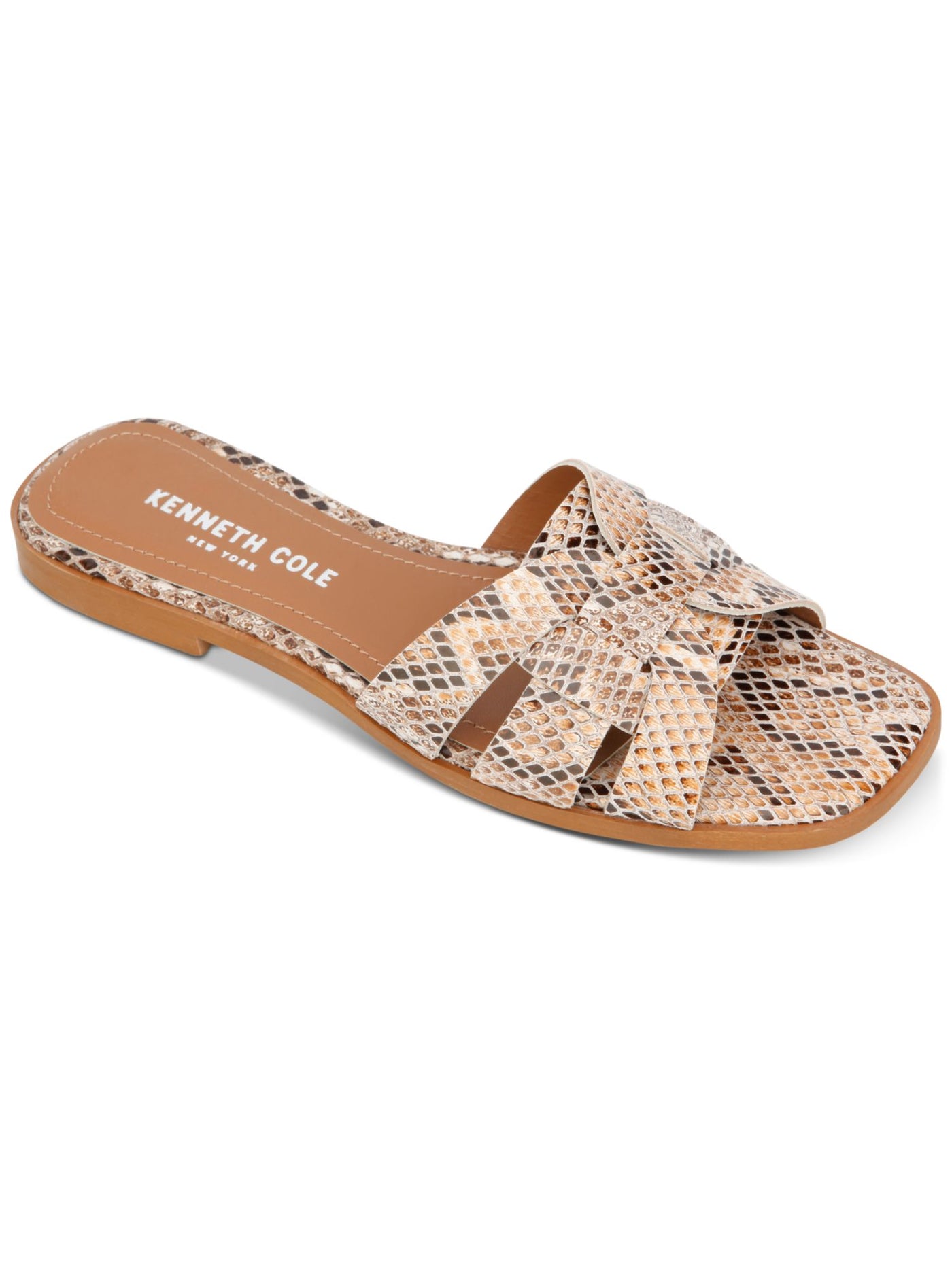 KENNETH COLE NEW YORK Womens Beige Snake-Embossed Woven Padded Austine Square Toe Slip On Slide Sandals Shoes 7