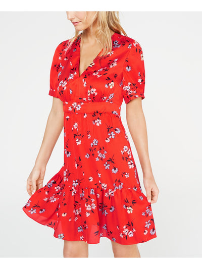 JILL STUART Womens Red Ruffled Floral V Neck Mini Shift Dress Size: 2