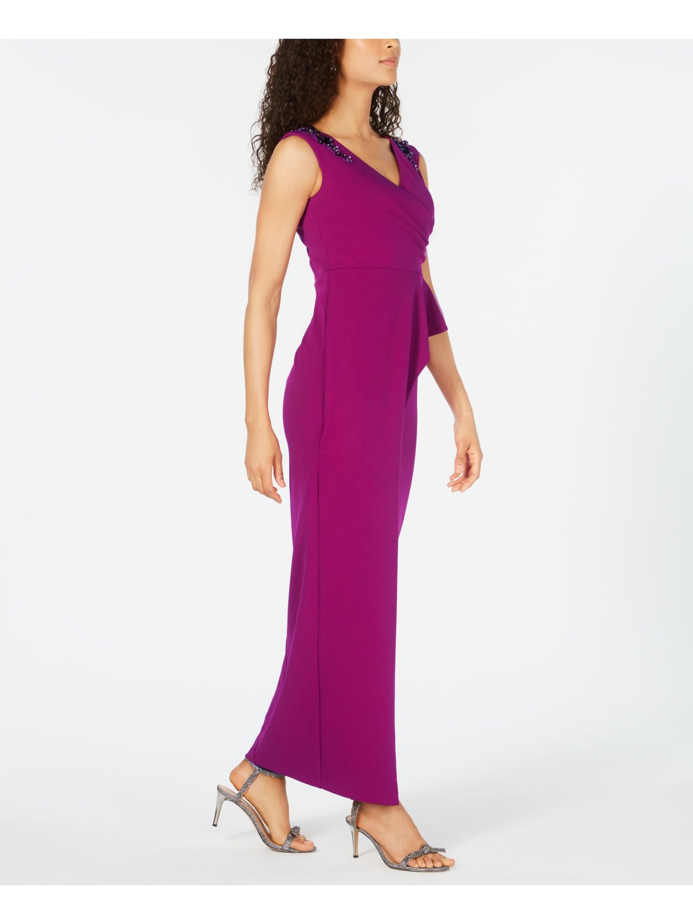 ADRIANNA PAPELL Womens Purple Embellished Sleeveless V Neck Maxi Formal Sheath Dress 10