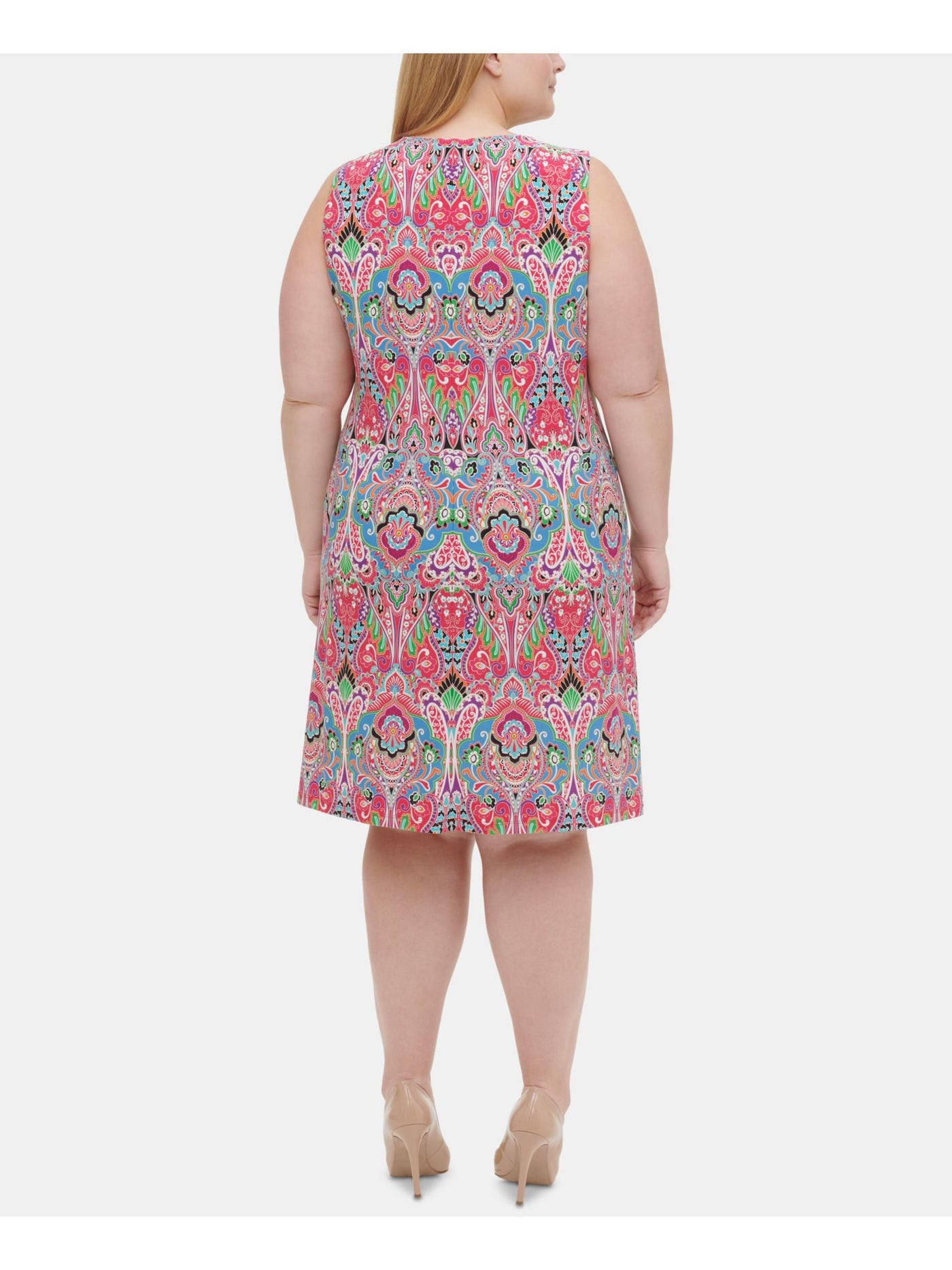 TOMMY HILFIGER Womens Pink Printed Sleeveless Jewel Neck Knee Length Shift Dress 20W