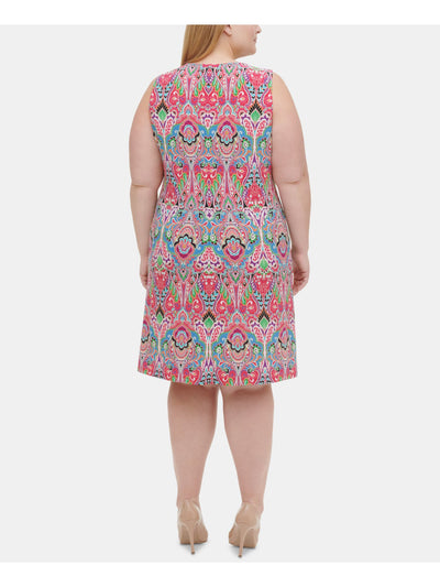 TOMMY HILFIGER Womens Pink Printed Sleeveless Jewel Neck Knee Length Shift Dress Plus 14W