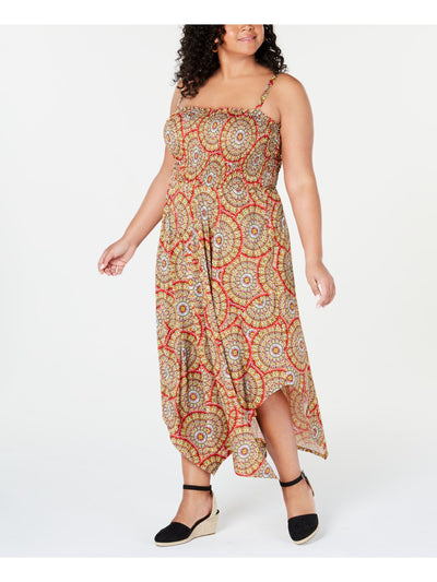 LOVE SQUARED Womens Yellow Printed Spaghetti Strap Square Neck Maxi Sheath Dress Plus 2X