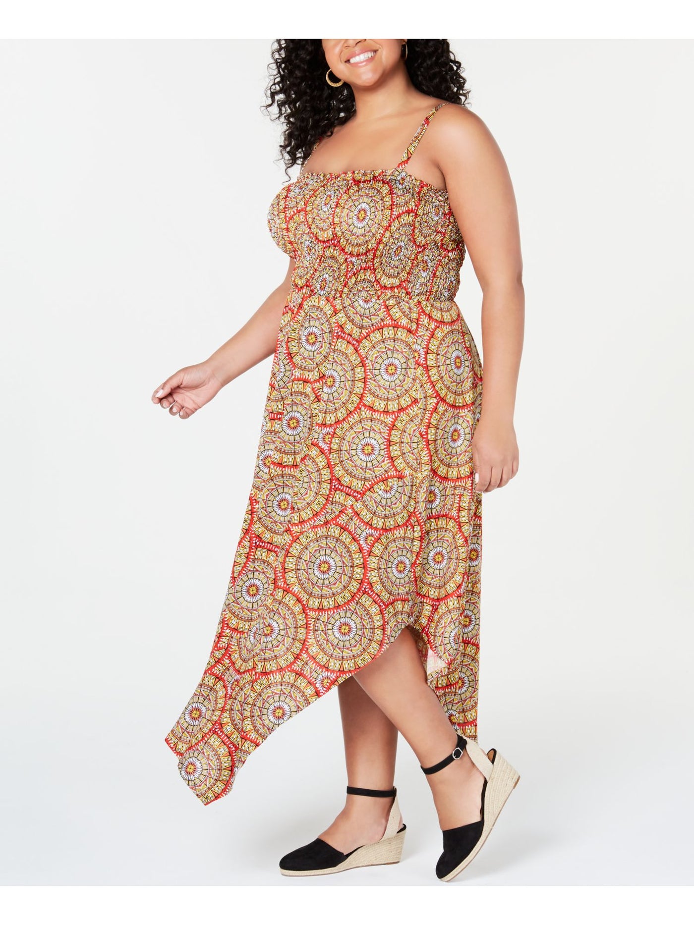 LOVE SQUARED Womens Yellow Printed Spaghetti Strap Square Neck Maxi Sheath Dress Plus 2X