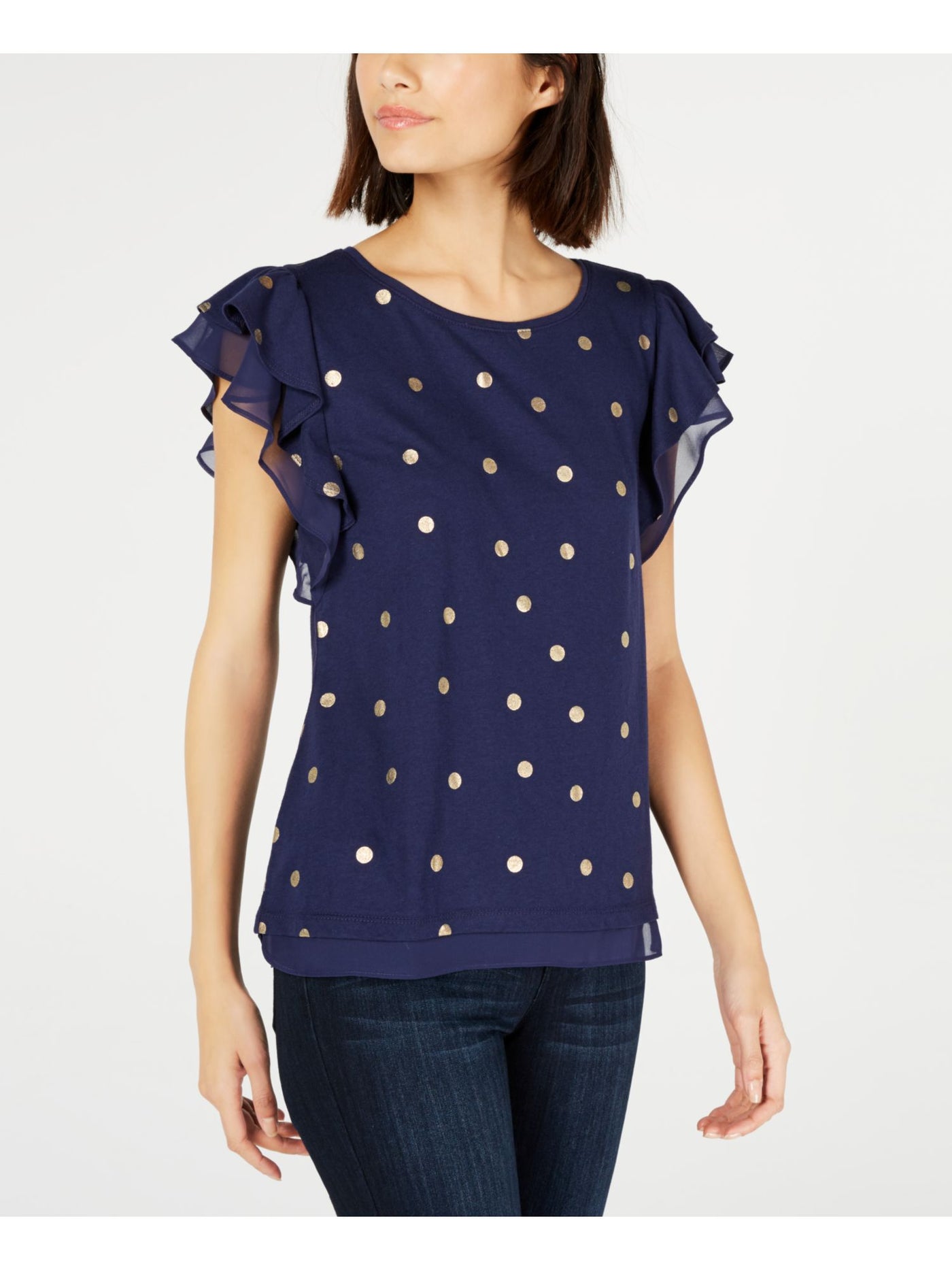 MAISON JULES Womens Navy Polka Dot Jewel Neck Top Juniors XXS