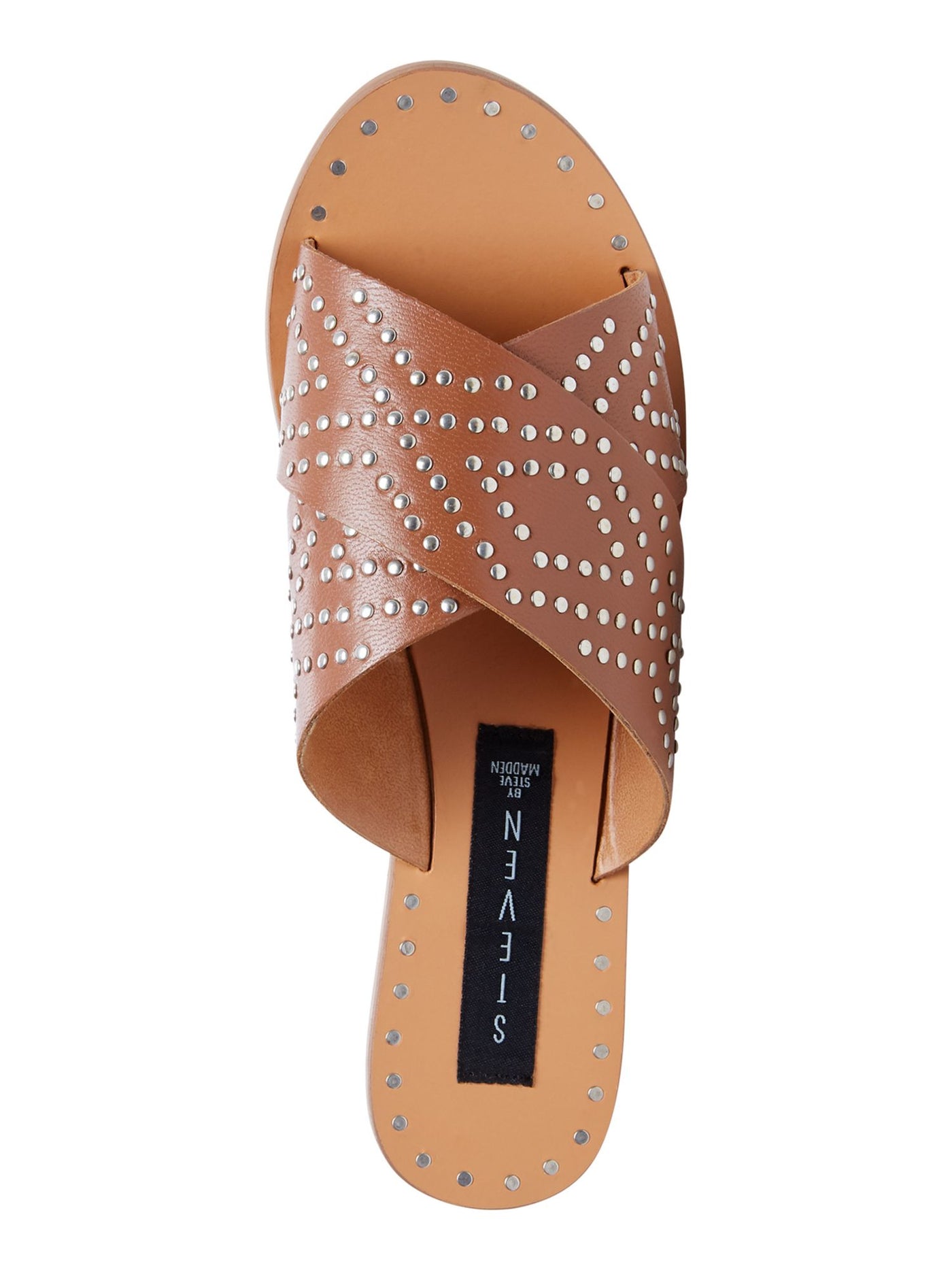STEVEN Womens Brown Crisscross Straps Studded Girlish Round Toe Slip On Leather Slide Sandals Shoes 9