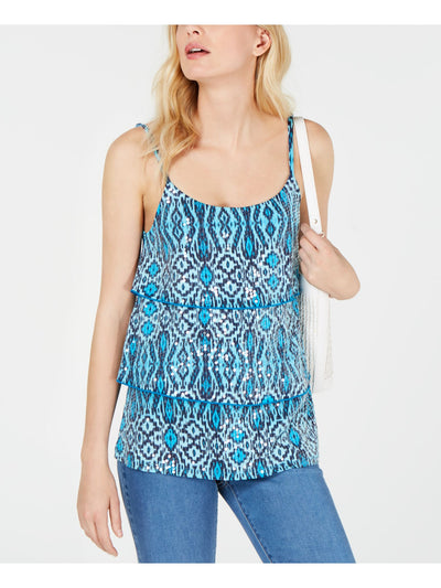 INC Womens Blue Sequined Printed Sleeveless Scoop Neck Tiered Top XS