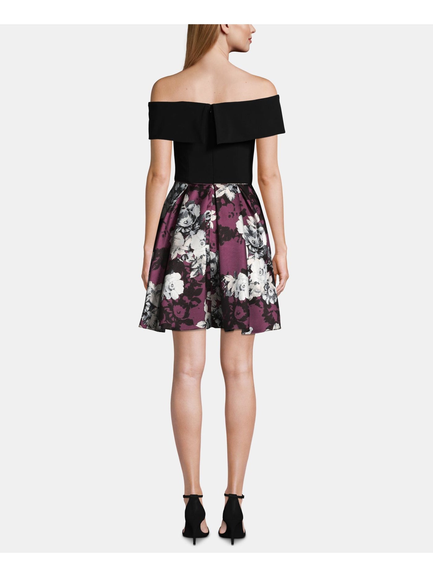 BETSY & ADAM Womens Purple Floral Short Sleeve Off Shoulder Mini Formal Fit + Flare Dress 6