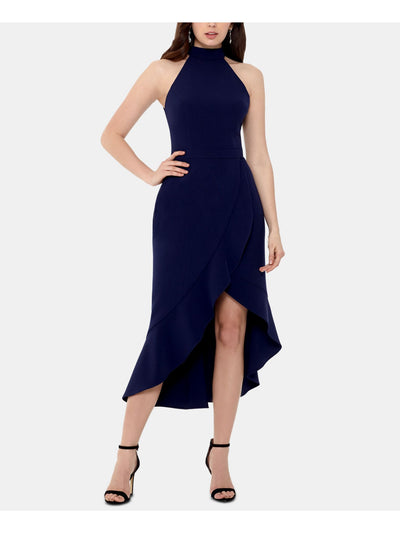 XSCAPE Womens Navy Ruffled Sleeveless Halter Tea-Length Formal Hi-Lo Dress 4