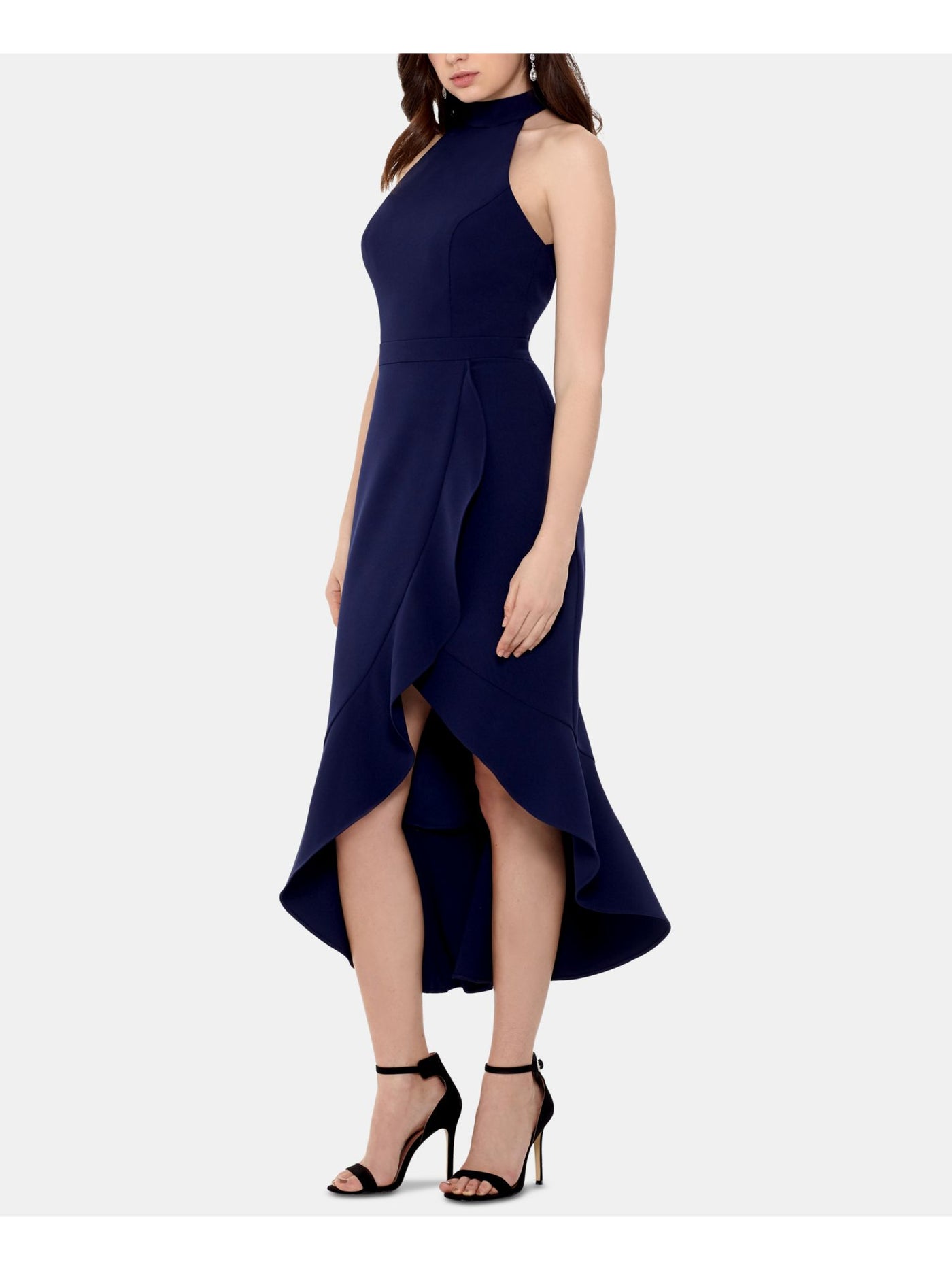 XSCAPE Womens Navy Ruffled Sleeveless Halter Tea-Length Formal Hi-Lo Dress 4