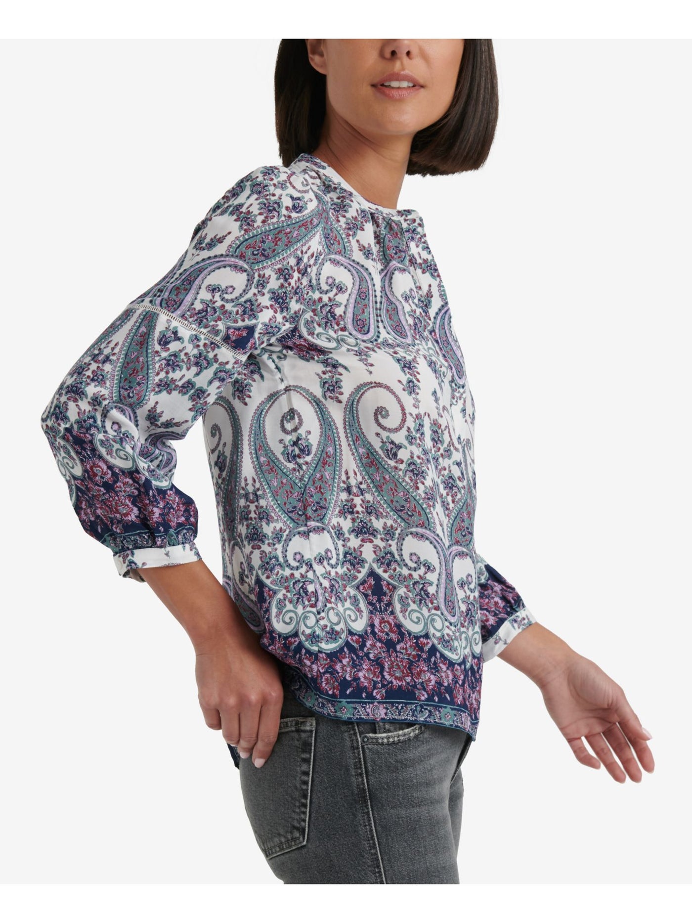 LUCKY BRAND Womens Purple Paisley Long Sleeve V Neck Blouse Petites SP