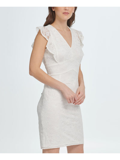 DKNY Womens Ivory Lace Ruffled Zippered Floral Cap Sleeve V Neck Above The Knee Cocktail Sheath Dress 10