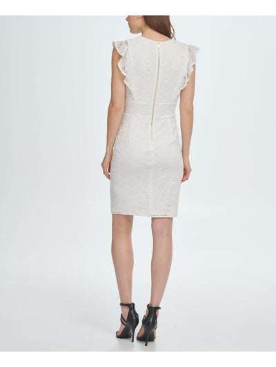 DKNY Womens Ivory Lace Ruffled Zippered Floral Cap Sleeve V Neck Above The Knee Cocktail Sheath Dress 10