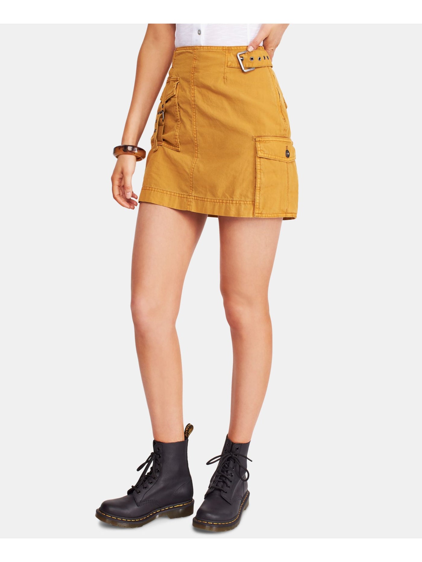 FREE PEOPLE Womens Yellow Belted Mini Pencil Skirt 2