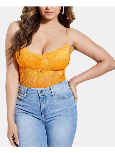 GUESS Womens Orange Lace  Snap Closure Spaghetti Strap V Neck Body Suit Top M