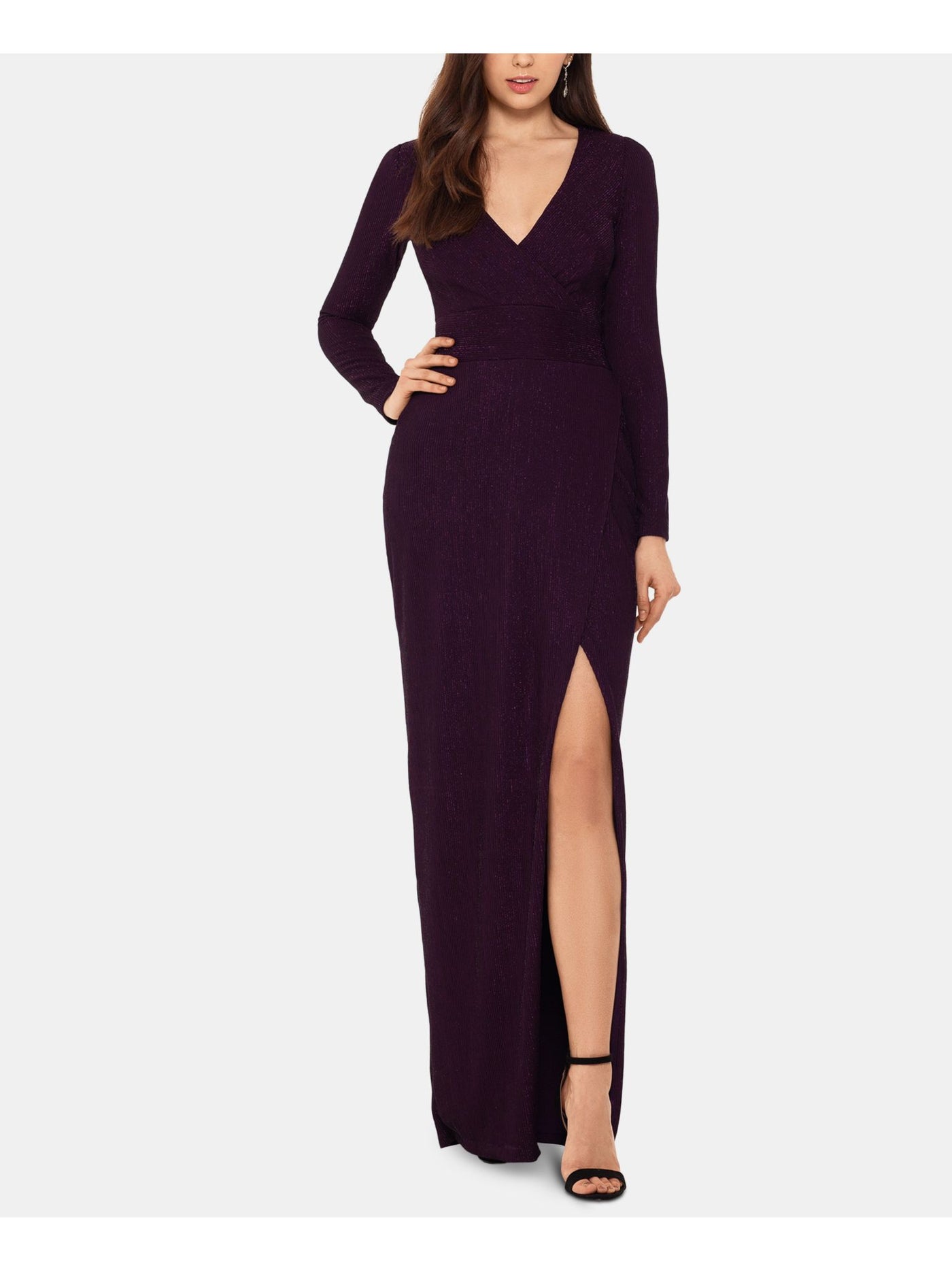 BETSY & ADAM Womens Purple Stretch Metallic Slitted Zippered Long Sleeve Surplice Neckline Full-Length Evening Gown Dress 6