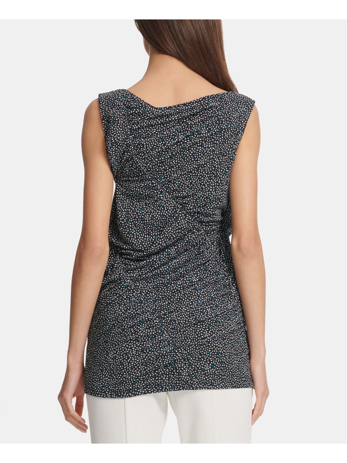 DKNY Womens Ruched Sleeveless Jewel Neck Blouse