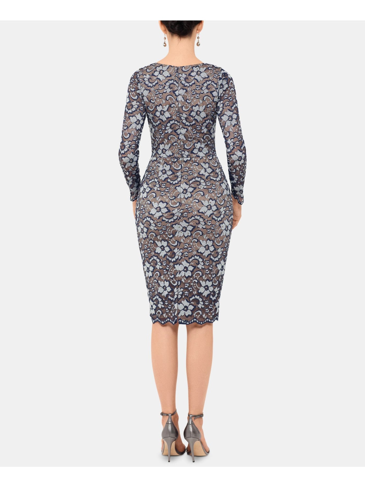 XSCAPE Womens Lace Speckled Long Sleeve Jewel Neck Below The Knee Cocktail Sheath Dress
