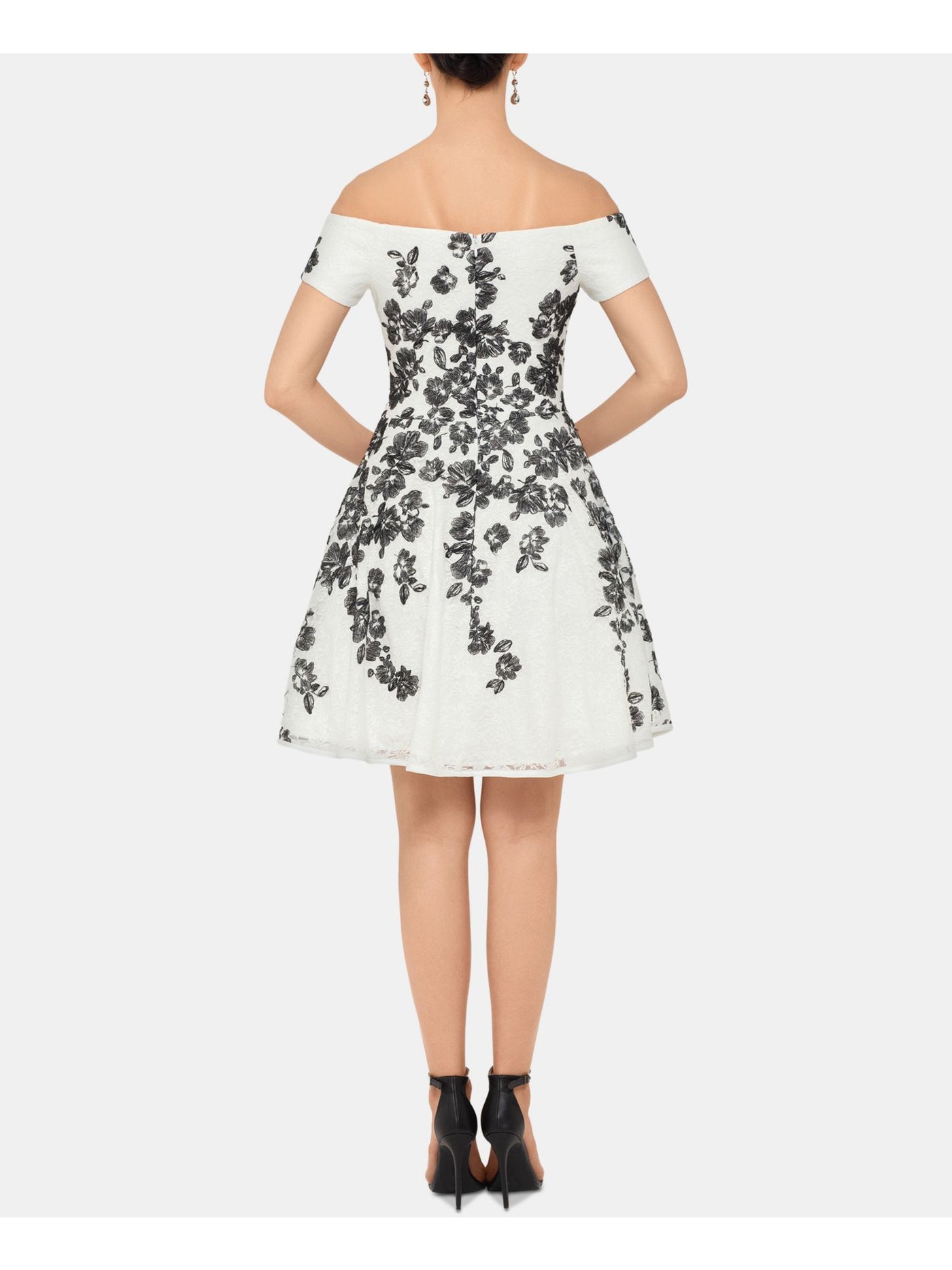 XSCAPE Womens Lace Short Sleeve Off Shoulder Mini Cocktail Fit + Flare Dress