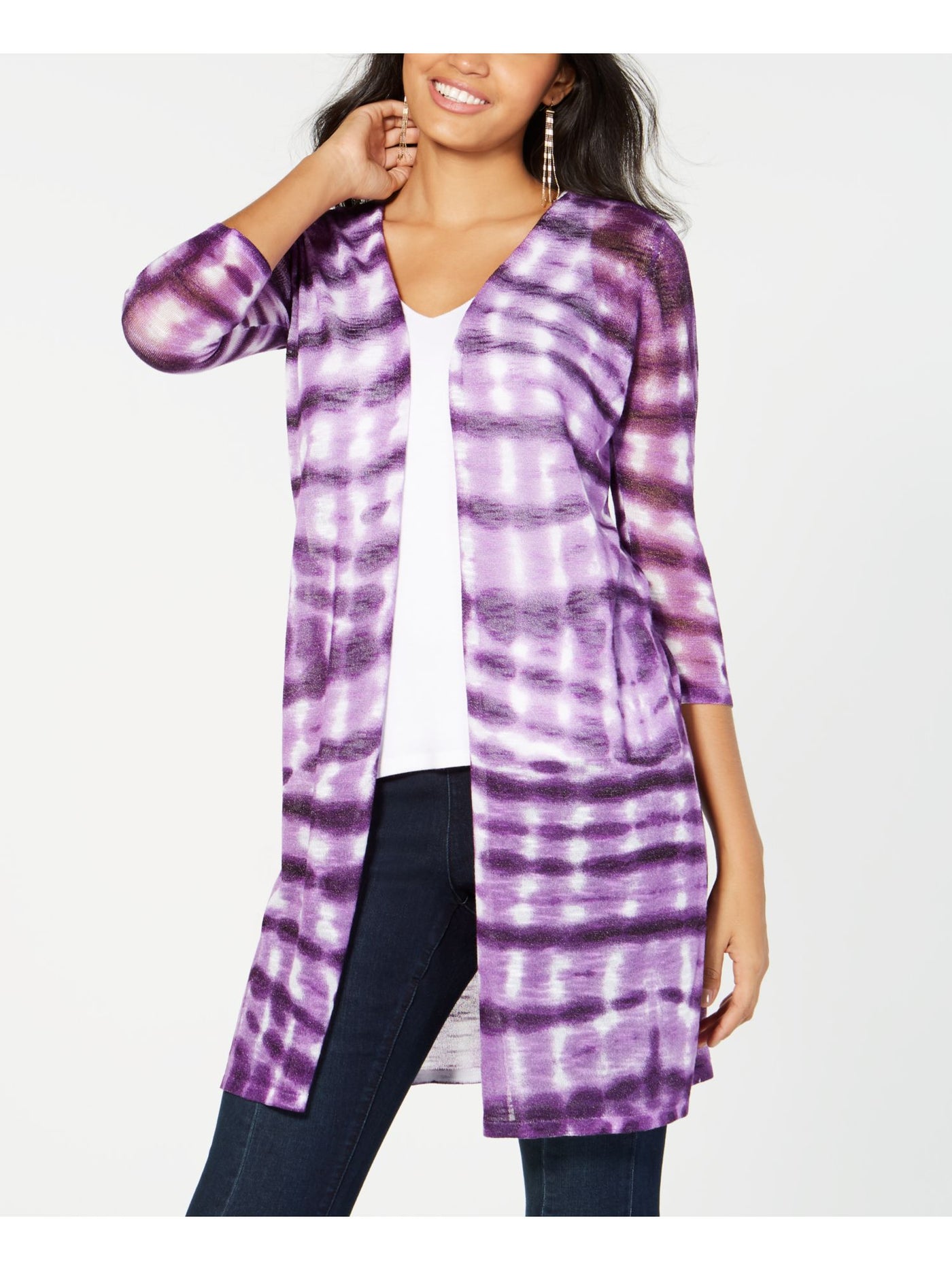 INC Womens Purple Sheer Slitted Tie Dye Open Cardigan Sweater S