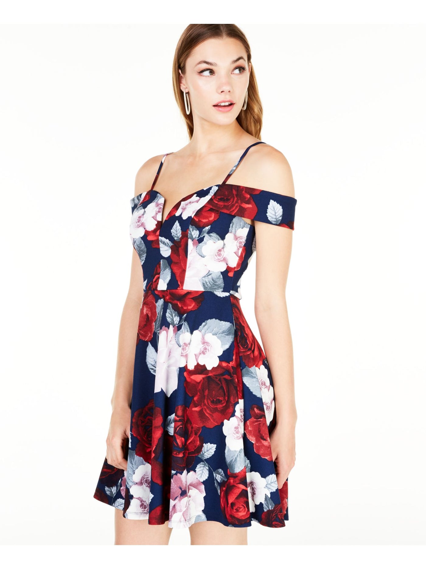 CITY STUDIO Womens Navy Cold Shoulder Floral Spaghetti Strap Sweetheart Neckline Above The Knee Party Fit + Flare Dress 7