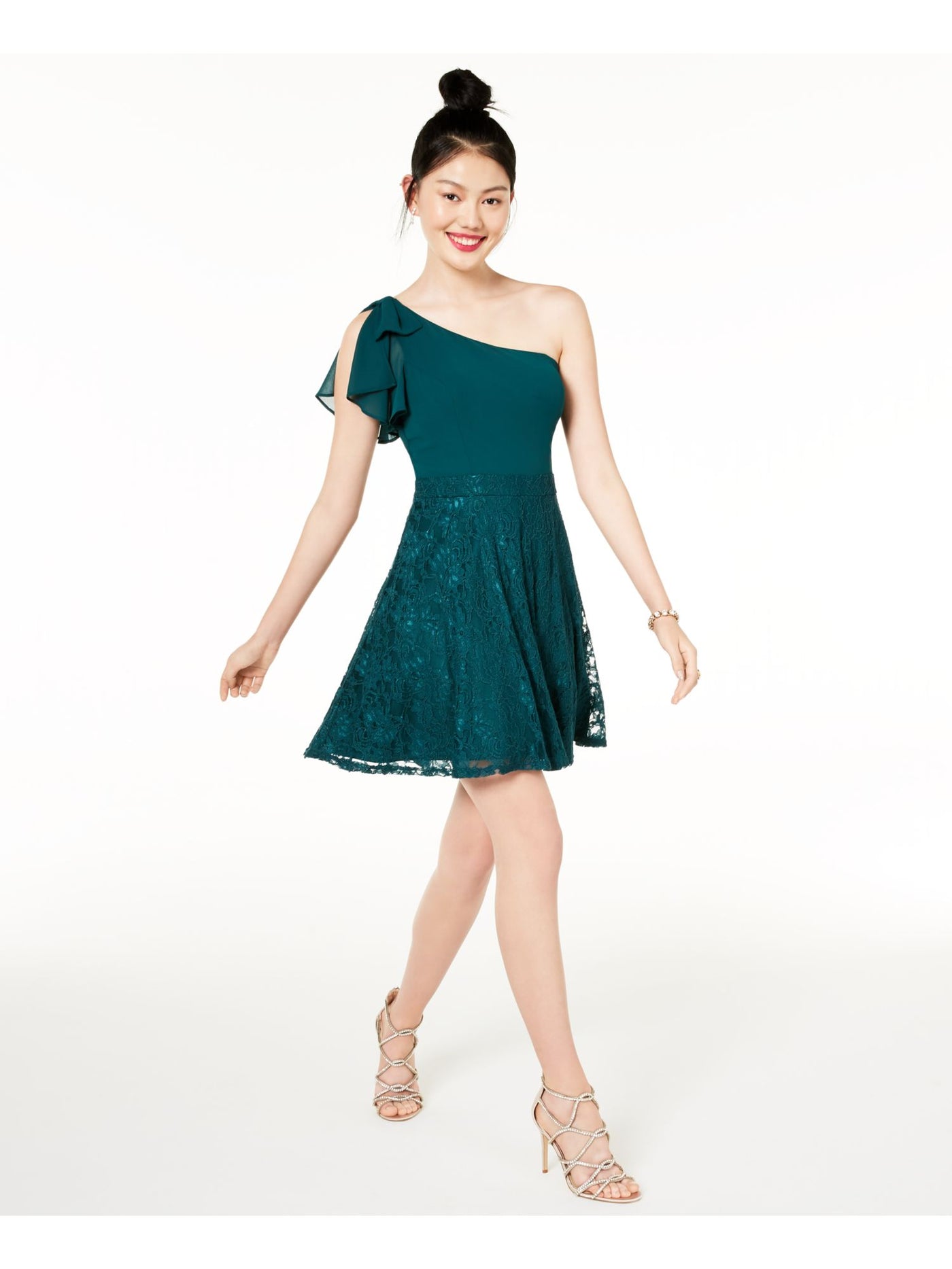 CITY STUDIO Womens Green One Shoulder Asymmetrical Neckline Short  Fit + Flare Prom Dress Juniors 11