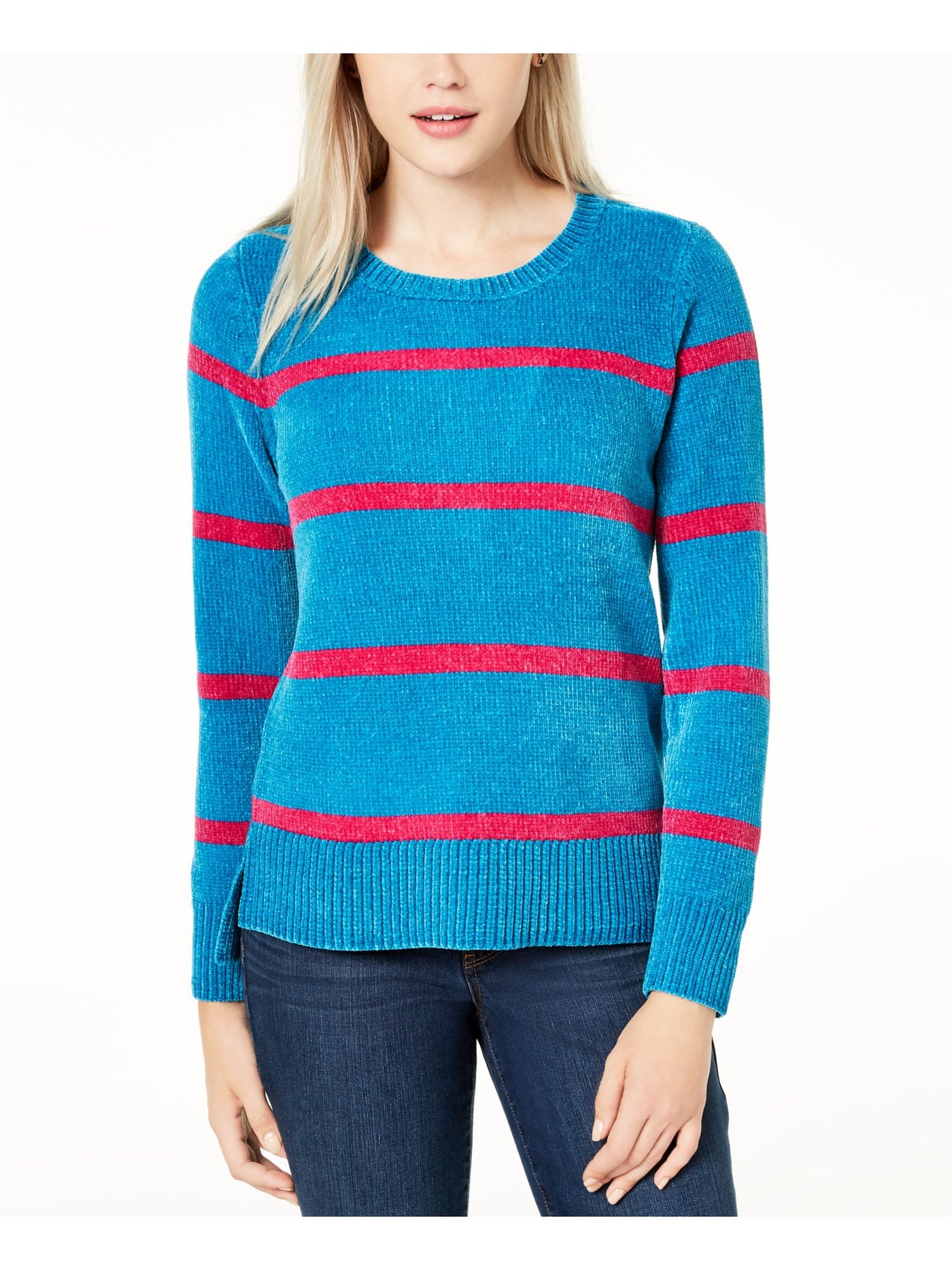 MAISON JULES Womens Teal Striped Long Sleeve Jewel Neck Sweater XS