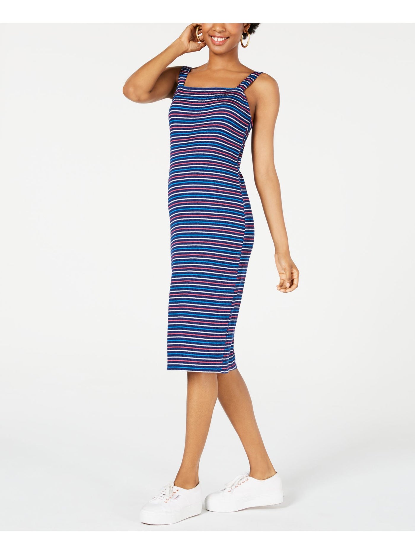 ULTRA FLIRT Womens Blue Striped Sleeveless Square Neck Midi Body Con Dress S