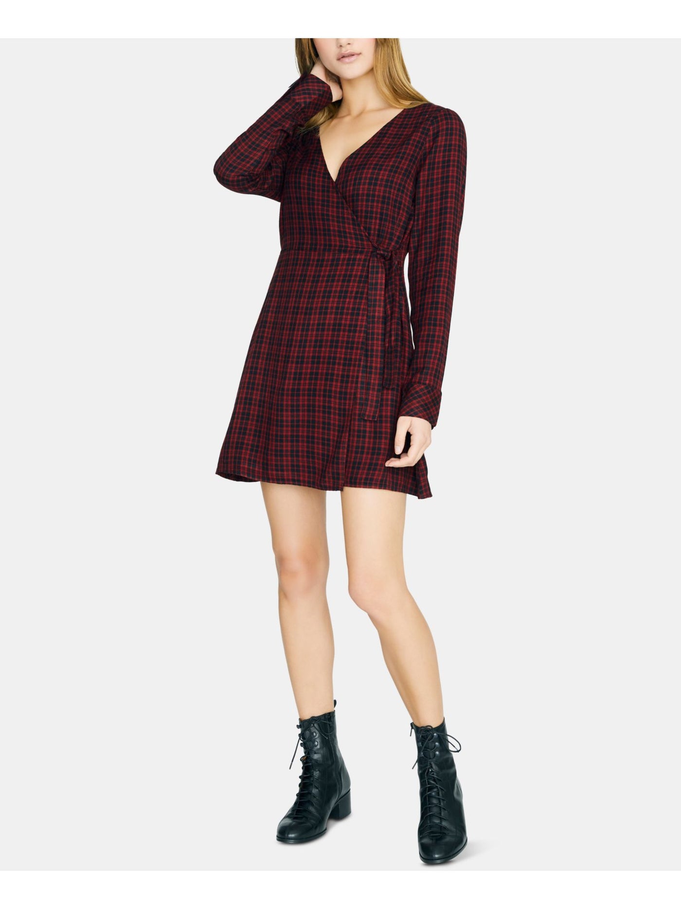 SANCTUARY Womens Red Belted Plaid Long Sleeve V Neck Mini Wrap Dress 6