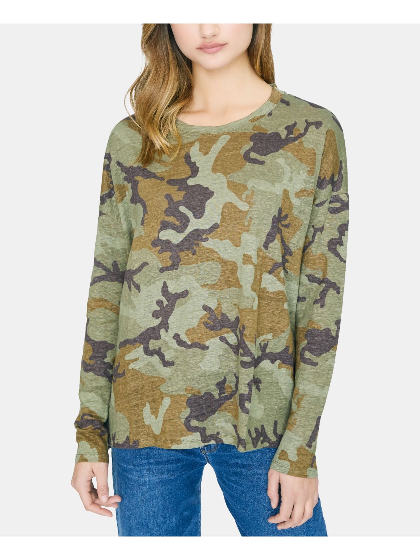 SANCTUARY Womens Green Camouflage Long Sleeve Jewel Neck Top XS